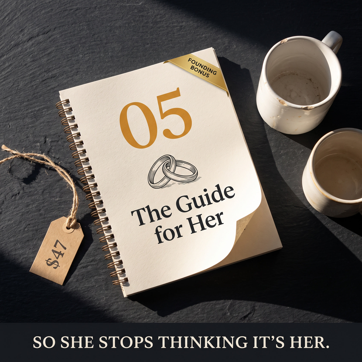 The Guide for Her booklet with founding bonus ribbon beside two mugs
