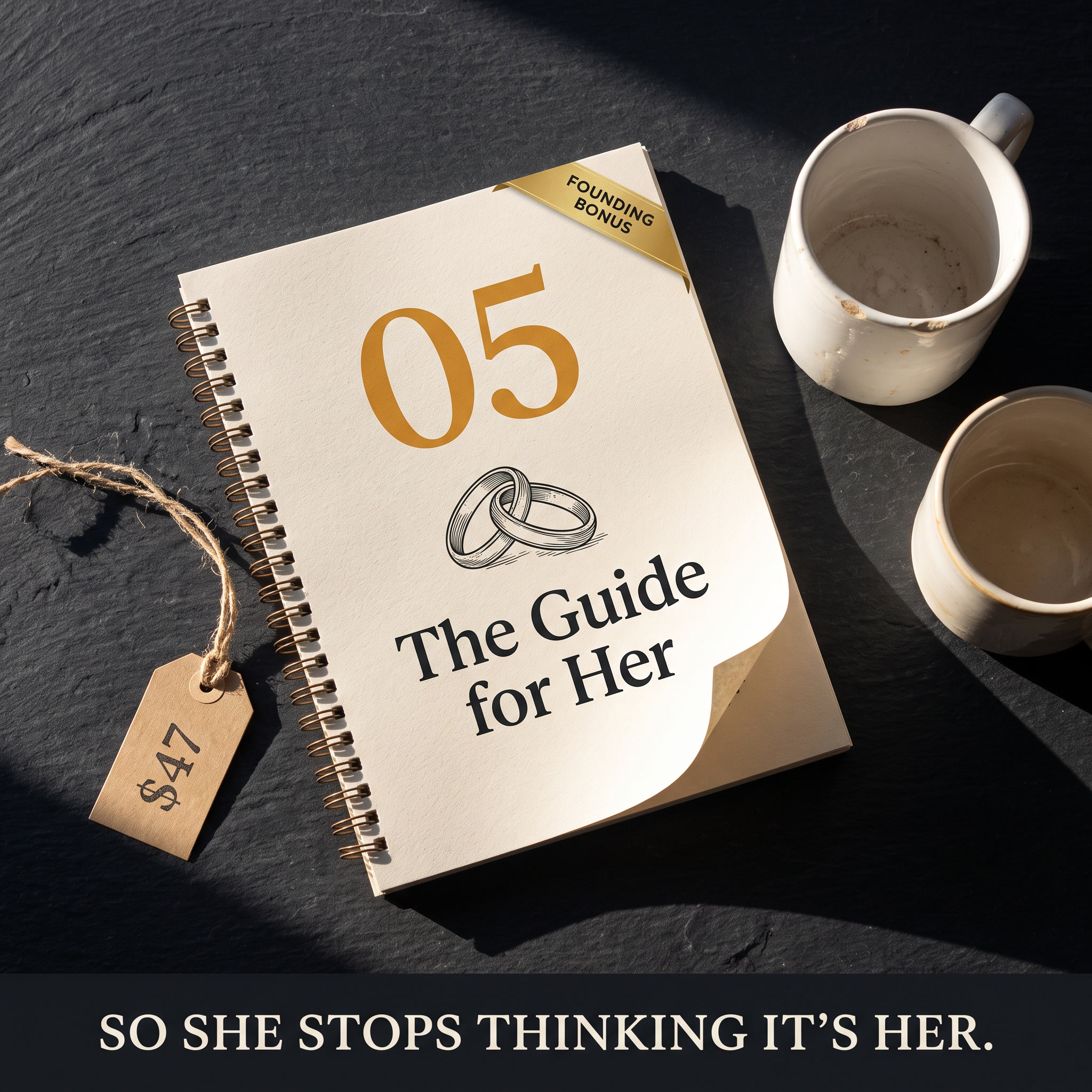 The Guide for Her booklet with founding bonus ribbon beside two mugs