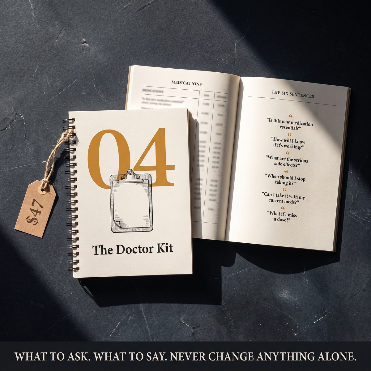 The Doctor Kit booklet open on the medications table and six sentences