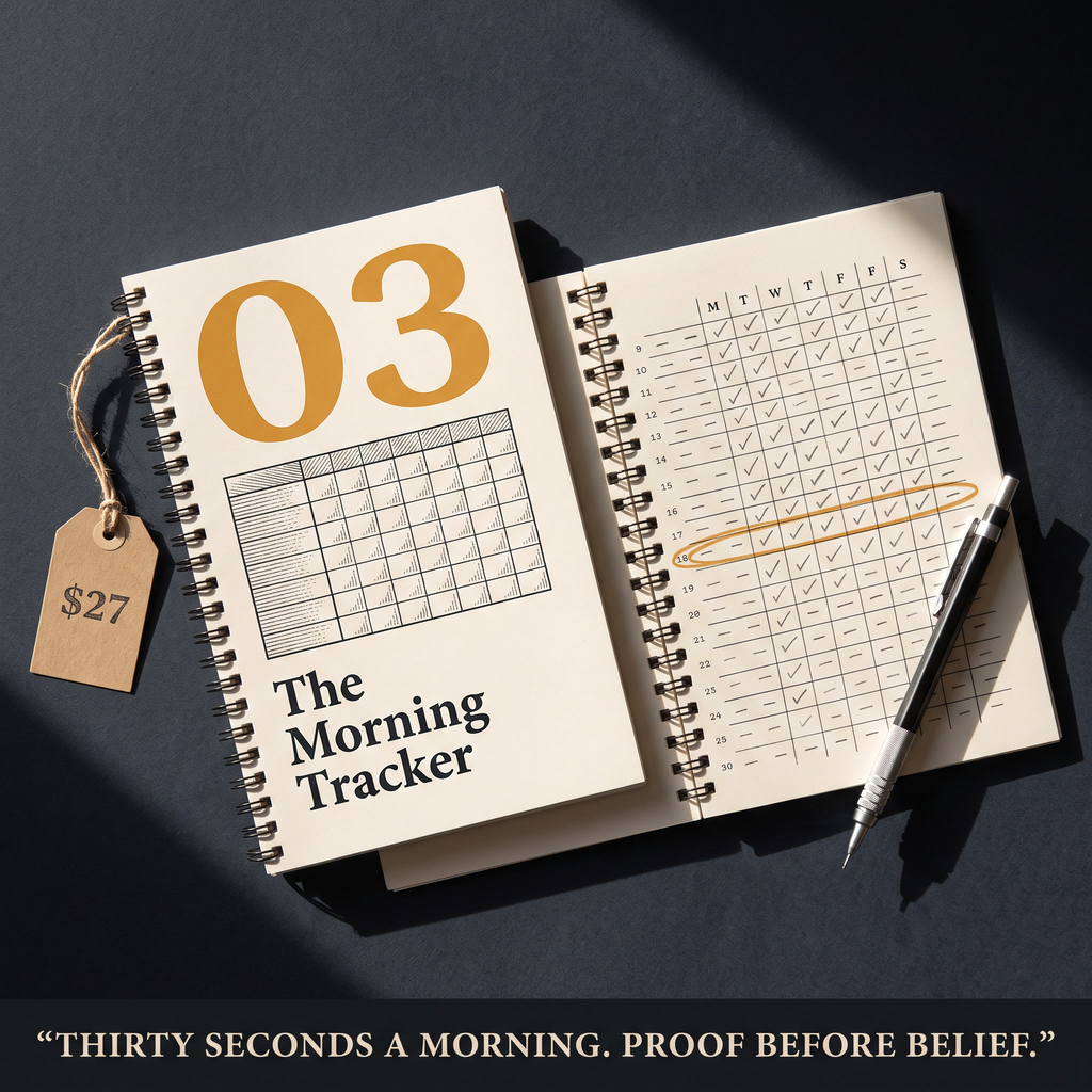 The Morning Tracker booklet open on a filled weekly grid
