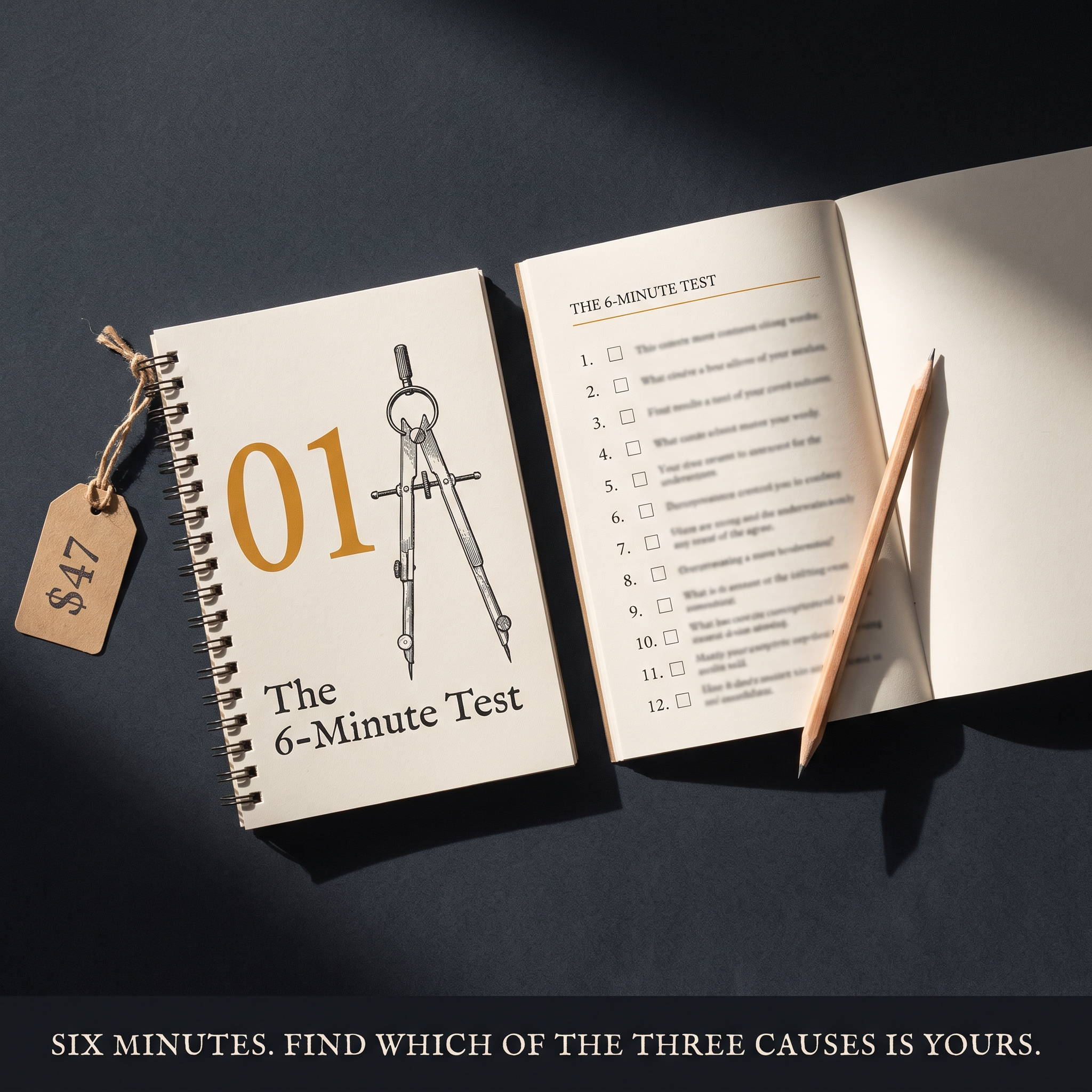 The 6-Minute Test booklet open on its twelve-question checklist